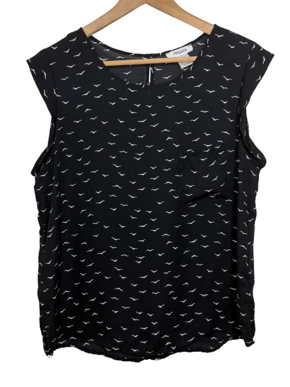 Persaya Bird Print Cap Sleeve Blouse Size XL Black White Like New Shell Top